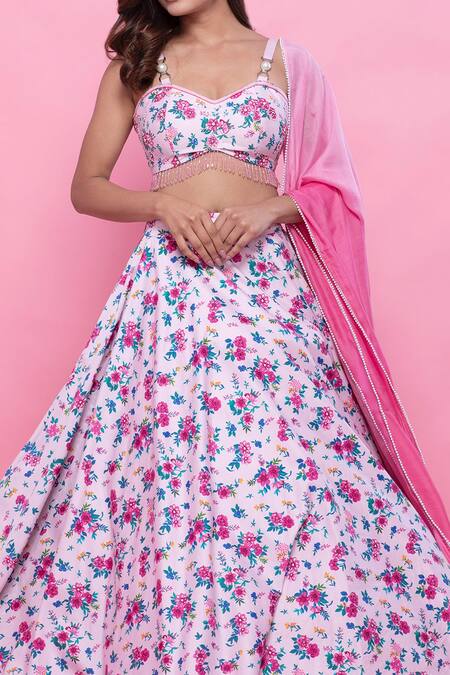 Shop Label Priyanka Kar White Cotton Satin Embroidery, Beads Sweetheart Floral Printed Lehenga Set Online at Aza Fashions Shop_Label Priyanka Kar_White Cotton Satin Embroidery, Beads Sweetheart Floral Printed Lehenga Set _Online_at_Aza_Fashions