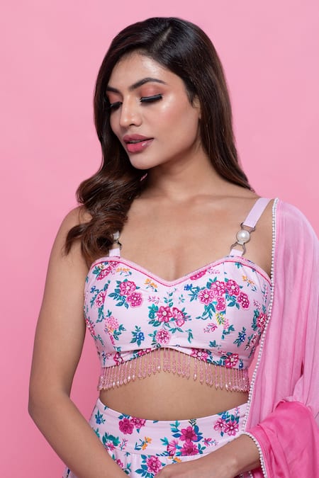 Buy_Label Priyanka Kar_White Cotton Satin Embroidery, Beads Sweetheart Floral Printed Lehenga Set _Online_at_Aza_Fashions