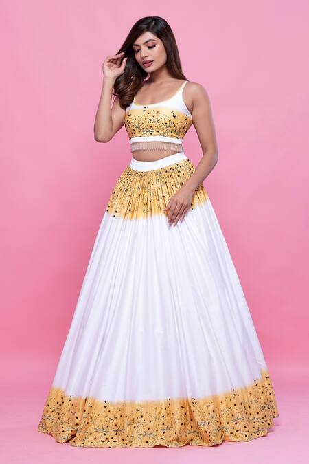 Buy_Label Priyanka Kar_White Cotton Satin Embroidery, Tassels Scoop Shaded Floral Print Lehenga Set _Online_at_Aza_Fashions