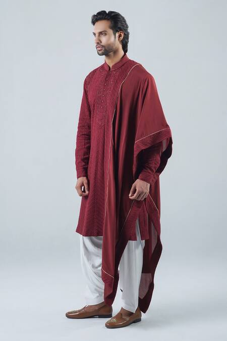 Shop_Punit Arora_Maroon Modal Thread Work Floral Embroidered Cuff Sleeved Kurta Set _Online_at_Aza_Fashions