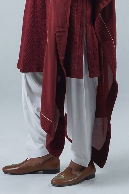 Punit Arora_Maroon Modal Thread Work Floral Embroidered Cuff Sleeved Kurta Set _at_Aza_Fashions