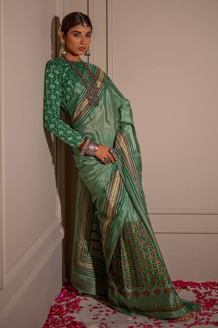 The Home Affair Green Cotton Satin Embroidery Boat Striped Print Pallu Saree With Floral Blouse Online at Aza Fashions The Home Affair_Green Cotton Satin Embroidery Boat Striped Print Pallu Saree With Floral Blouse _Online_at_Aza_Fashions