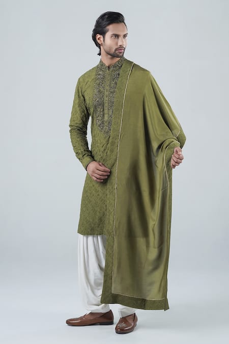 Punit Arora_Green Modal Thread Work Embroidered Kurta Set _at_Aza_Fashions