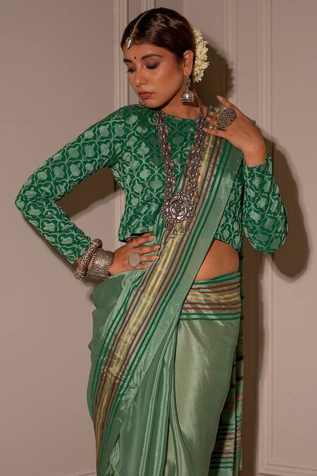 Shop The Home Affair Green Cotton Satin Embroidery Boat Striped Print Pallu Saree With Floral Blouse Online at Aza Fashions Shop_The Home Affair_Green Cotton Satin Embroidery Boat Striped Print Pallu Saree With Floral Blouse _Online_at_Aza_Fashions