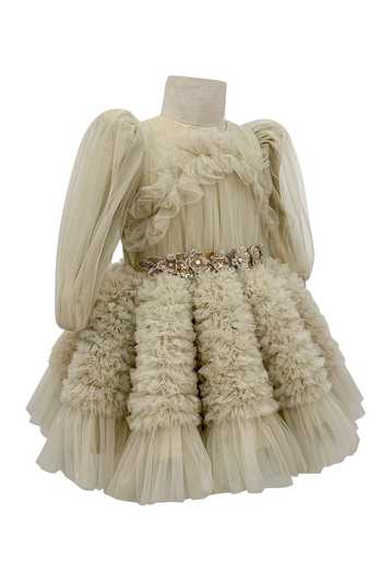 Jasmine And Alaia_Beige Tulle Embellishments Floral Ariel Dress_Online_at_Aza_Fashions