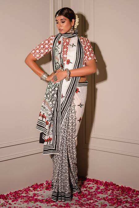 Buy The Home Affair White Chiffon, , Handblock And Print Saree With Blouse Online at Aza Fashions Buy_The Home Affair_White Chiffon, , Handblock And Print Saree With Blouse _Online_at_Aza_Fashions