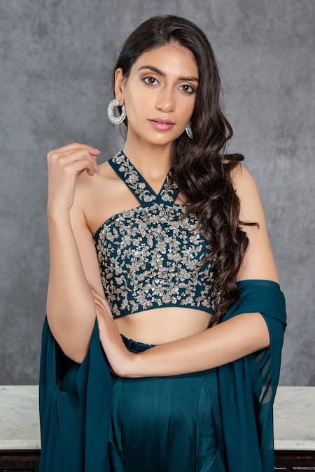 Sunita Bhandari_Green Satin, Viscose Sequins, Cut Work, Ruffles Asymmetric Cape Palazzo Set _Online_at_Aza_Fashions
