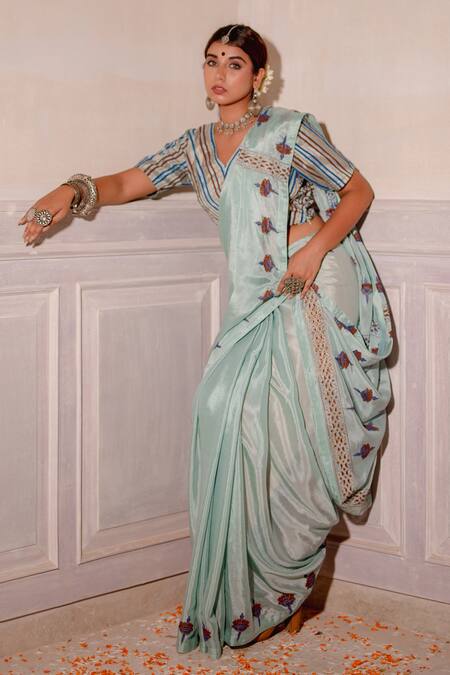 The Home Affair Blue Chiffon, Cotton Satin Embroidery Floral Handblock Print Saree And Blouse Set Online at Aza Fashions The Home Affair_Blue Chiffon, Cotton Satin Embroidery Floral Handblock Print Saree And Blouse Set _Online_at_Aza_Fashions