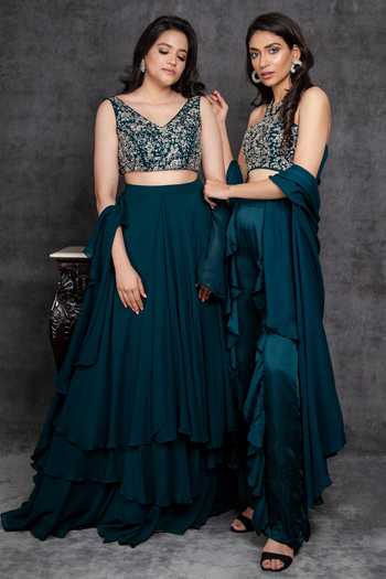 Sunita Bhandari_Green Viscose, Georgette Cut Work, Beads V-neck Layered Lehenga Set _Online_at_Aza_Fashions