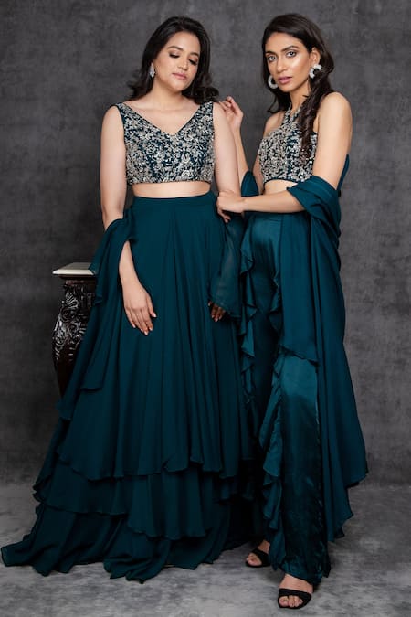 Shop_Sunita Bhandari_Green Satin, Viscose Sequins, Cut Work, Ruffles Asymmetric Cape Palazzo Set _Online_at_Aza_Fashions