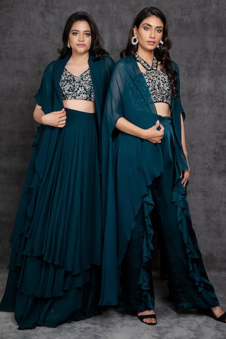 Sunita Bhandari_Green Satin, Viscose Sequins, Cut Work, Ruffles Asymmetric Cape Palazzo Set _at_Aza_Fashions