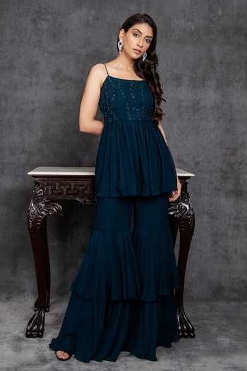 Sunita Bhandari_Green Viscose, Georgette Sequins, Cut Embroidered Peplum Kurta And Sharara Set _Online_at_Aza_Fashions