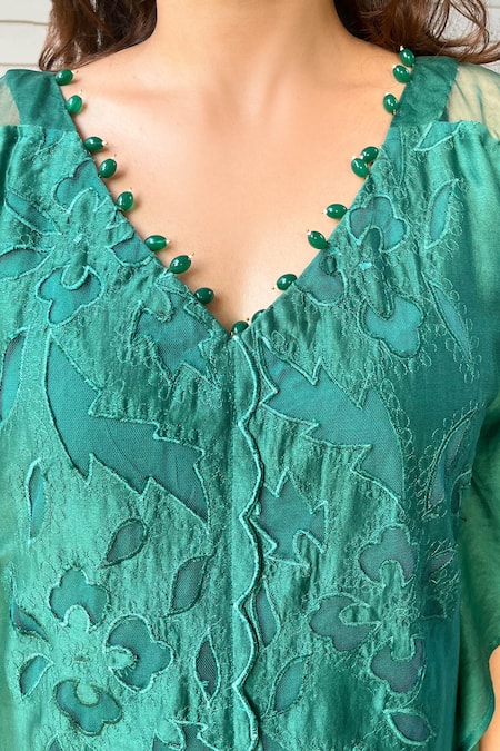 Shop_Ewaz_Green Chanderi, Cotton Silk Floral V Neck Embroidered Kaftan And Pant Set _Online_at_Aza_Fashions