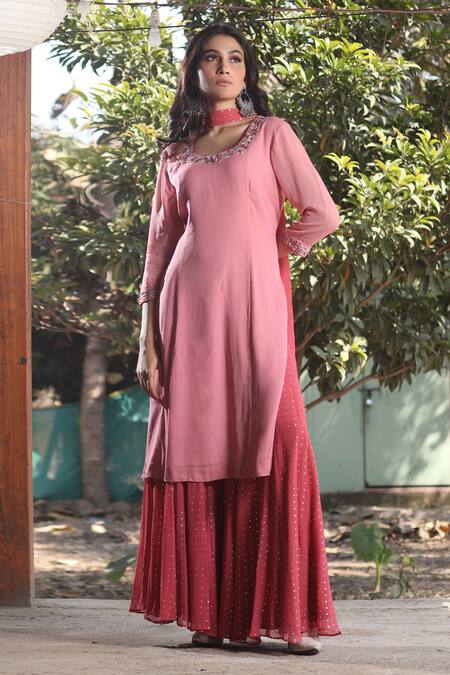 House Of Mithi Kalra_Pink Georgette Embroidery Mukaish Scoop Neck Kurta Sharara Set  _Online_at_Aza_Fashions