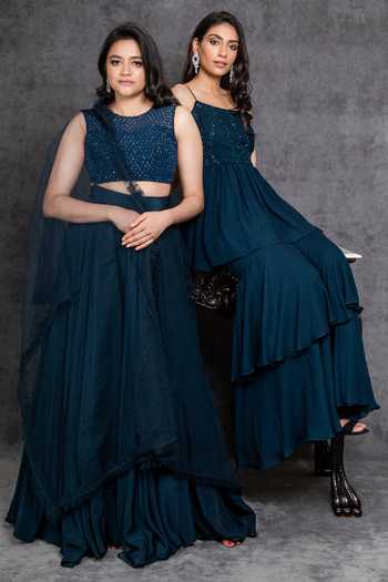 Shop_Sunita Bhandari_Green Viscose, Georgette Sequins, Cut Embroidered Peplum Kurta And Sharara Set _Online_at_Aza_Fashions