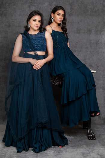 Sunita Bhandari_Green Viscose, Georgette Sequins, Cut Embroidered Peplum Kurta And Sharara Set _at_Aza_Fashions