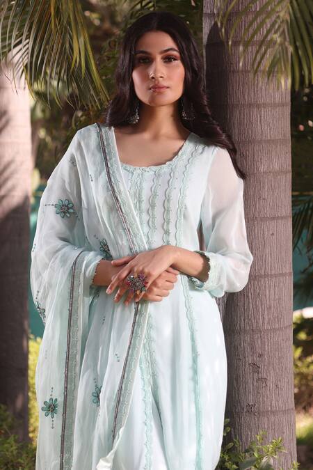 House Of Mithi Kalra_Blue Georgette, Organza Cut Work, Sequins, Embroidered Kurta Sharara Set _Online_at_Aza_Fashions