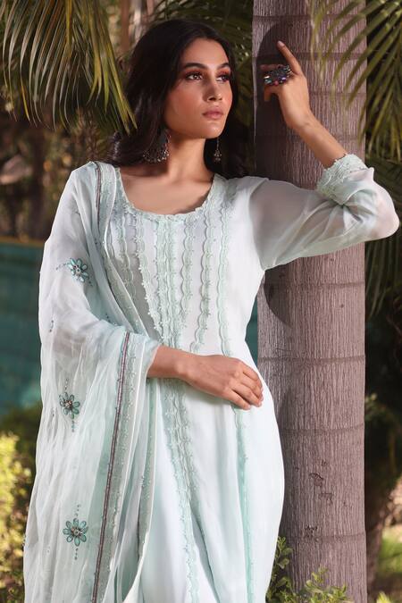 Buy_House Of Mithi Kalra_Blue Georgette, Organza Cut Work, Sequins, Embroidered Kurta Sharara Set _Online_at_Aza_Fashions