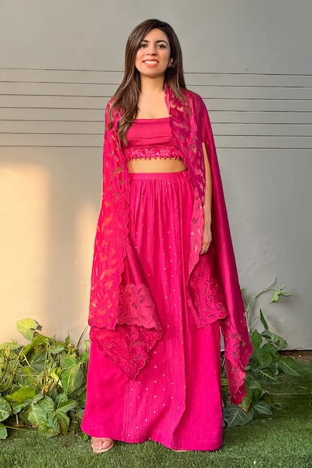 Ewaz_Pink Cotton, Chanderi, Modal Satin Floral Blouse Embroidered And Skirt Set _Online_at_Aza_Fashions