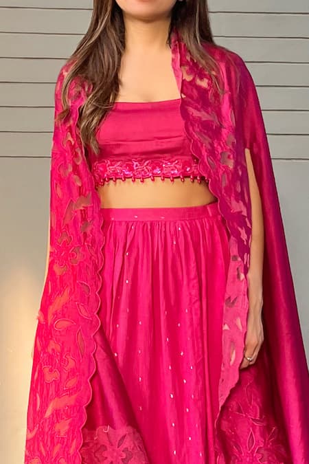 Buy_Ewaz_Pink Cotton, Chanderi, Modal Satin Floral Blouse Embroidered And Skirt Set _Online_at_Aza_Fashions