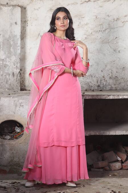 House Of Mithi Kalra_Pink Georgette, Net Crystals, Sequins Round Neck Embroidered Kurta Sharara Set _Online_at_Aza_Fashions