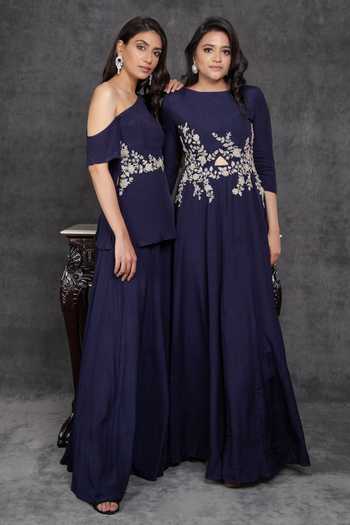 Sunita Bhandari_Blue Viscose, Crepe Sequins, Cut Work Boat Neck Asymmetric Front Out Gown _Online_at_Aza_Fashions