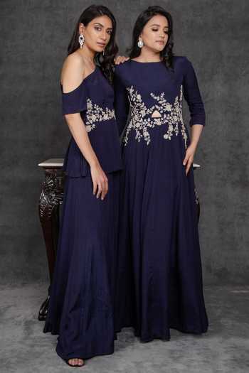 Buy_Sunita Bhandari_Blue Viscose, Crepe Sequins, Cut Work Boat Neck Asymmetric Front Out Gown _Online_at_Aza_Fashions