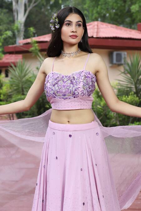 Buy_House Of Mithi Kalra_Purple Georgette Embroidered Floral Sweetheart Neck Blouse Lehenga Set  _Online_at_Aza_Fashions