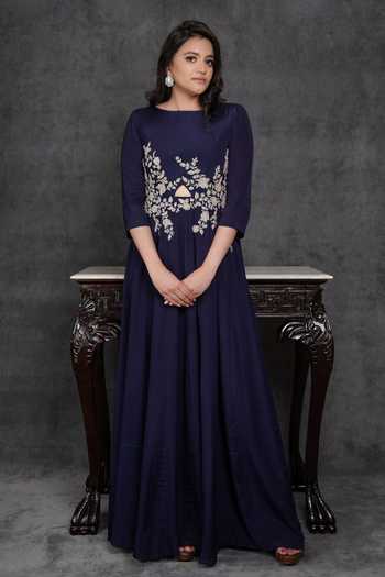 Sunita Bhandari_Blue Viscose, Crepe Sequins, Cut Work Boat Neck Asymmetric Front Out Gown _at_Aza_Fashions