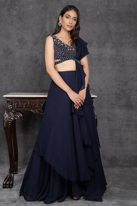 Sunita Bhandari_Blue Viscose, Organza Sequins, Cut Work Layered Lehenga Set With Ruffle Dupatta _Online_at_Aza_Fashions