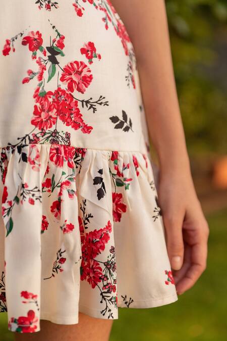 B'Infinite_Red Rayon Asymmetric Summer Flower Vine Print Dress_at_Aza_Fashions