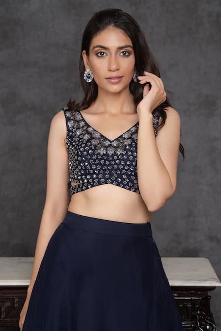 Buy_Sunita Bhandari_Blue Viscose, Organza Sequins, Cut Work Layered Lehenga Set With Ruffle Dupatta _Online_at_Aza_Fashions