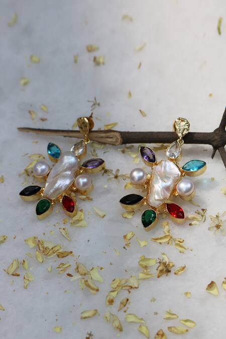 Arnimaa_White Stones, Pearls Embellished Earrings _Online_at_Aza_Fashions