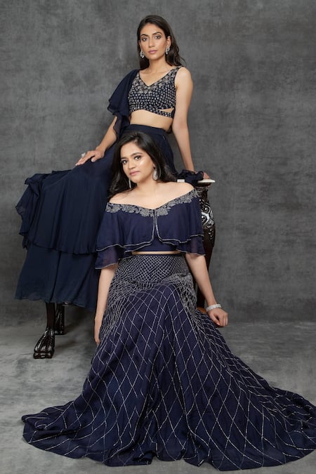 Shop_Sunita Bhandari_Blue Viscose, Organza Sequins, Cut Work Layered Lehenga Set With Ruffle Dupatta _Online_at_Aza_Fashions