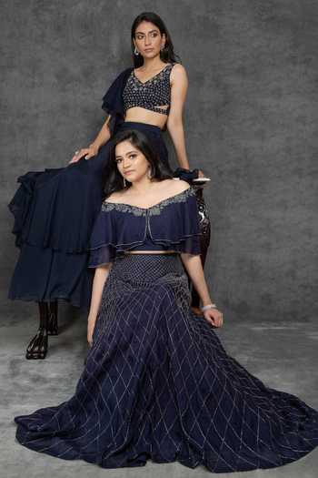 Buy_Sunita Bhandari_Blue Viscose, Organza Embroidery, Cut Work V-neck Ruffle Blouse And Lehenga Set _Online_at_Aza_Fashions