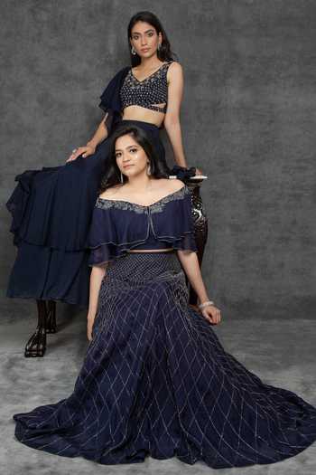 Shop_Sunita Bhandari_Blue Viscose, Organza Embroidery, Cut Work V-neck Ruffle Blouse And Lehenga Set _Online_at_Aza_Fashions