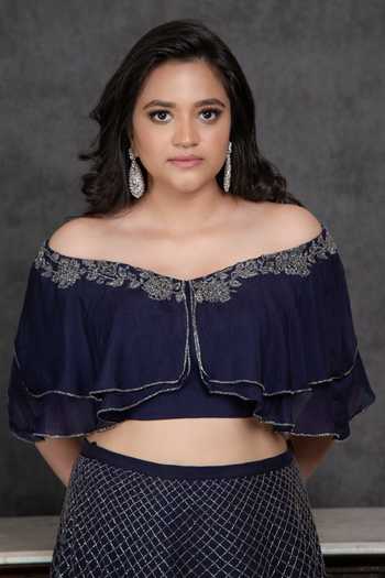 Sunita Bhandari_Blue Viscose, Organza Embroidery, Cut Work V-neck Ruffle Blouse And Lehenga Set _at_Aza_Fashions