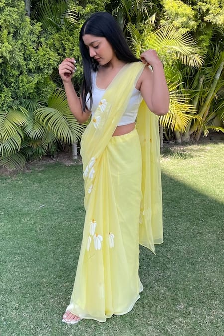 Meghstudio_Yellow Blouse Piece  Modal Silk Hand Painted Daisy Saree With Unstitched _Online_at_Aza_Fashions