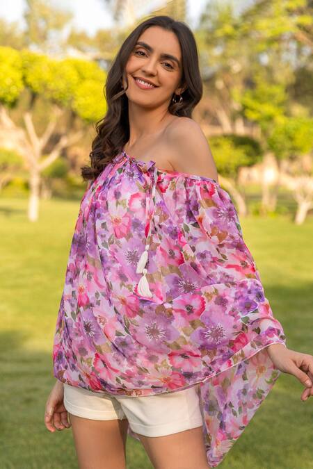 Buy_B'Infinite_Purple Chiffon Floral Pattern Asymmetric Neck Top_Online_at_Aza_Fashions