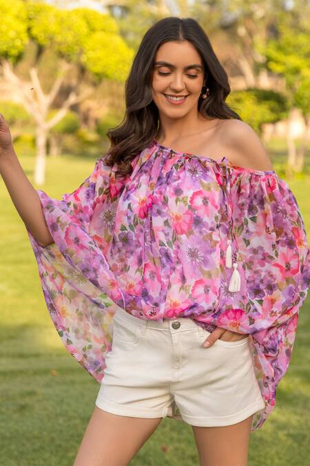 B'Infinite_Purple Chiffon Floral Pattern Asymmetric Neck Top_at_Aza_Fashions