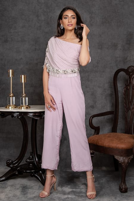 Sunita Bhandari Purple Viscose, Crepe Tassels, Cut Work Asymmetric Embellished Draped Jumpsuit Online at Aza Fashions Sunita Bhandari_Purple Viscose, Crepe Tassels, Cut Work Asymmetric Embellished Draped Jumpsuit _Online_at_Aza_Fashions