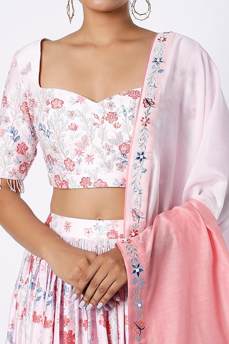 Buy_Label Priyanka Kar_Pink Cotton Satin Embroidery Sweetheart Flower And Butterfly Print Lehenga Set _Online_at_Aza_Fashions