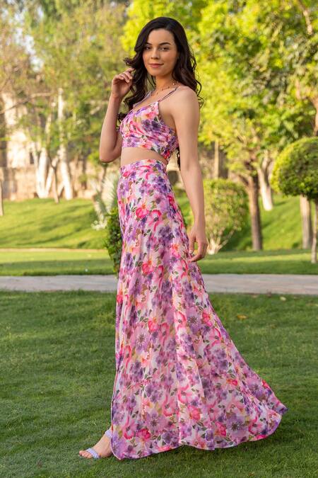 Shop_B'Infinite_Purple Georgette Floral Pattern Sweetheart Neck Crop Top And Slit Skirt Set_Online_at_Aza_Fashions