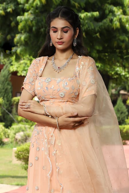 Buy_House Of Mithi Kalra_Peach Georgette Embroidered Sequins Square Floral Blouse Lehenga Set  _Online_at_Aza_Fashions