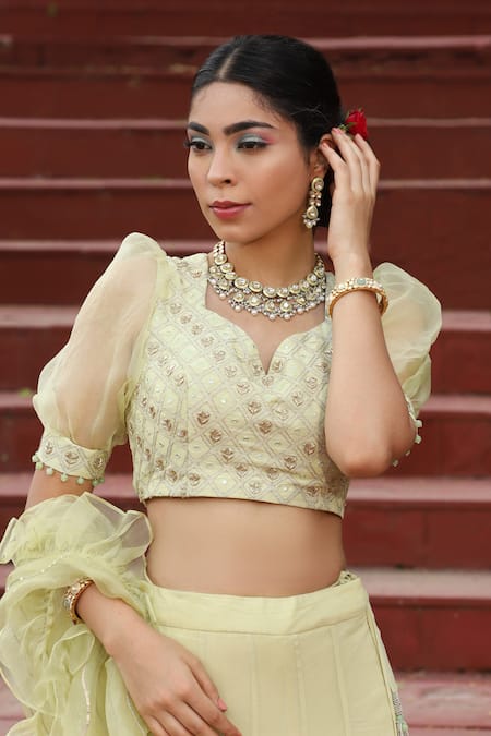 Buy_house of mithi kalra_Green Georgette Embroidered Beads V Neck Lehenga Set _Online_at_Aza_Fashions