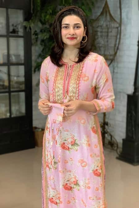 Buy_Gopi Vaid_Pink Cotton Silk Print Flower Bagh Round Neck Tunic _Online_at_Aza_Fashions