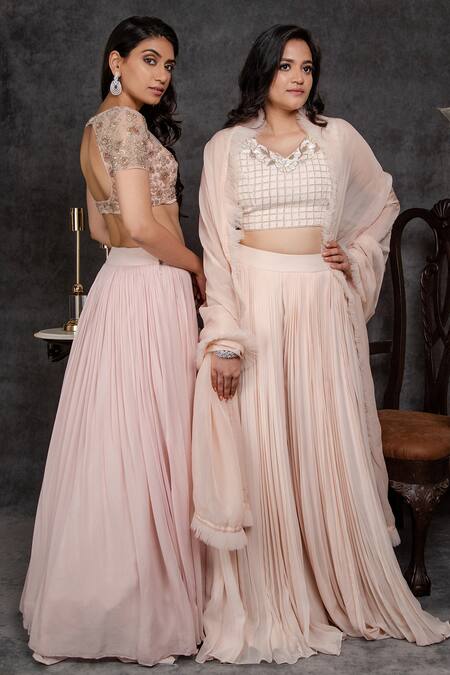 Buy_Sunita Bhandari_Pink Viscose, Georgette Sequins V-neck Pleated Sharara Blouse Set _Online_at_Aza_Fashions