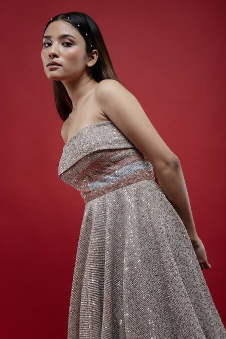 Shop_Pocket Stories_Gold Lycra Sequins Bandeau Neck Embroidered Corset Dress_Online_at_Aza_Fashions