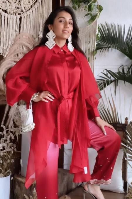 Shop_Garima Bindal_Red Silk, Modal Collared Solid Shirt And Straight Pant Set 