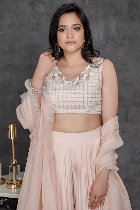 Shop_Sunita Bhandari_Pink Viscose, Georgette Sequins V-neck Pleated Sharara Blouse Set _Online_at_Aza_Fashions